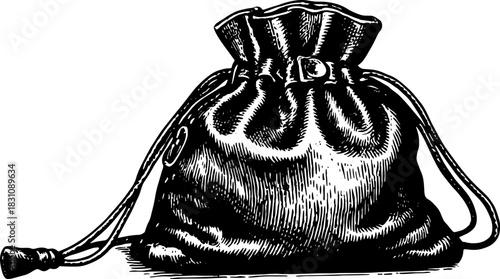 Vintage bag silhouette in detailed engraving. Black outline vector illustration showcasing unique design.