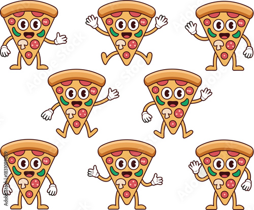 Playful pattern of friendly anthropomorphic pizza slice cartoon characters with pepperoni, mushroom, and pepper toppings, happily running and waving, used for fast food restaurant promotion, cheerful