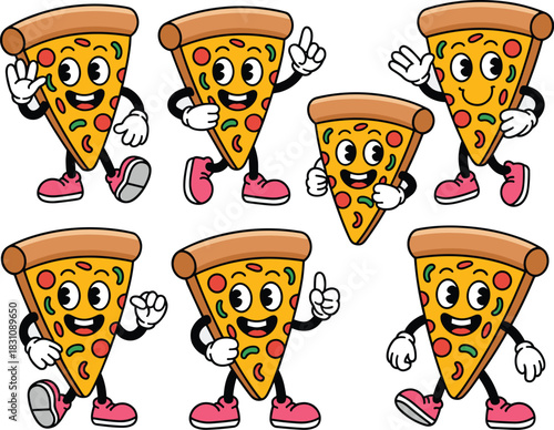 Cheerful pizza slice cartoon character set in a dynamic retro vintage 1930s rubber hose style vector illustration collection, running, walking, and posing happily for fast food branding, advertising,