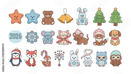 Joyful Winter Collection: A charming compilation of adorable, festive elements including stars, bears, bells, rabbits, trees, snowflakes, koalas, cats, mice, lions, dogs, penguins, foxes, fireworks.