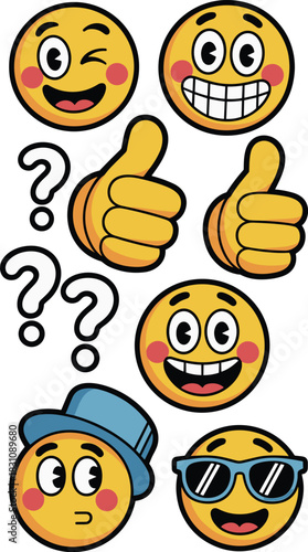 Collection of cheerful cartoon vector emoji icons for digital communication and visual feedback, featuring happy winking smileys, grinning faces, cool guy with sunglasses, positive thumbs up signs, an