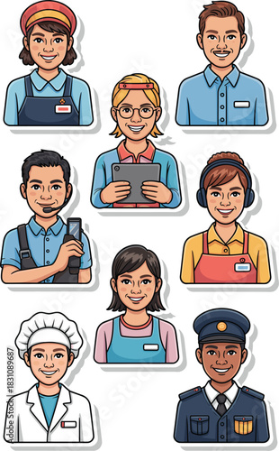 Nine diverse professional avatar vector icons, cheerfully representing essential workers, frontline staff, and the modern workforce, including chefs, managers, security, and retail customer service pe