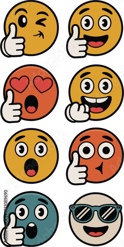 Collection of funny vintage emojis expressing various moods like happiness, love, approval, shock, surprise, and coolness, featuring thumbs up and winking gestures in a bold retro cartoon design for m