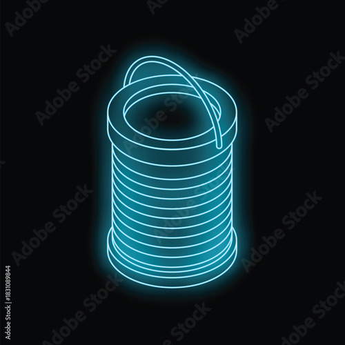 Bright neon blue thread spool glowing on a black background, representing sewing, tailoring, and crafts