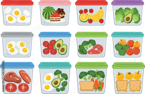 ector Illustration of Assorted Meal Prep Containers Filled with Healthy Food Options Including Eggs Fruits Vegetables Meat and Sandwiches for Diet Planning and Weight Loss