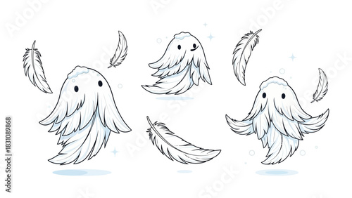Whimsical Feathered Spirits: A collection of cute, hand-drawn spirit characters adorned with delicate feathers, exuding a sense of gentle and ethereal magic. 