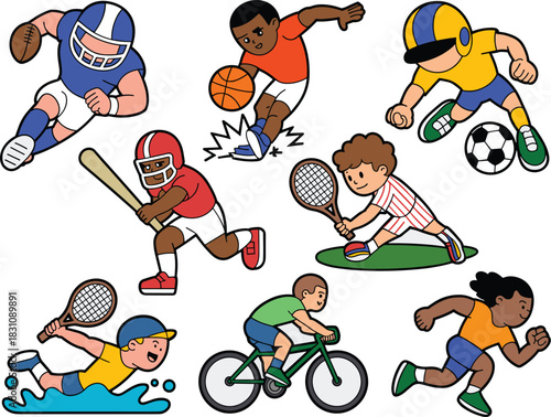 A diverse group of energetic young athletes and kids engaging in various competitive and recreational sports activities, including American football, baseball, basketball, soccer, tennis, swimming, ru