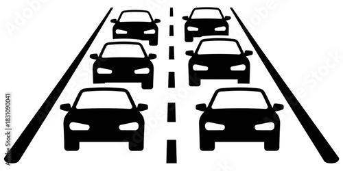 Black and white illustration of six cars on a road with lane markings in the center