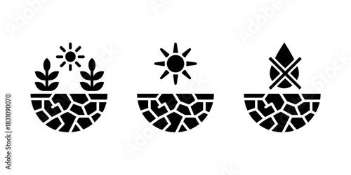 Three icons showing drought conditions with plants sun and no water represented