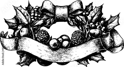 Vintage holly wreath with bow and berries. Black and white vector illustration, suitable for festive decoration or crafting.