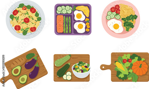 Colorful healthy food illustrations featuring pasta bowls, meal prep plates, fresh vegetables, and cutting board ingredients in modern flat vector style for nutrition and cooking concepts