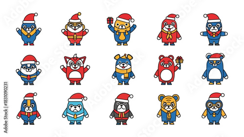 Festive Animal Collection: A delightful ensemble of cartoon animals, each adorned in charming festive attire, ready to spread holiday cheer and joy.