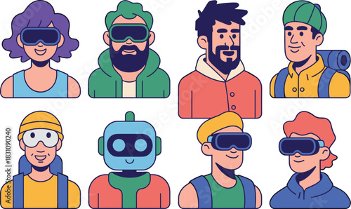 Diverse collection of modern vector avatars wearing virtual reality headsets and goggles, including various men, women, and a robot, representing technology users, adventurers, gamers, and explorers f