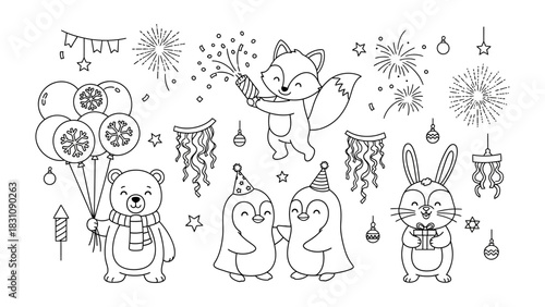 Festive Animal Celebration: Delightful line art showcasing a celebratory gathering of charming animals, complete with balloons, fireworks, and party hats. A perfect image for festivities, events.