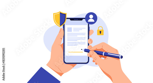 Hands holding a smartphone to sign a digital contract, with shield, user, and lock icons ensuring a secure and private transaction.