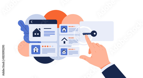 Person's hand interacting with a futuristic digital screen to access a secure real estate listing with various house options and ratings.