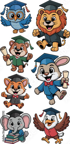 Collection of cute cartoon animal mascots celebrating graduation, including a lion, owl, rabbit, fox, and elephant, wearing colorful academic caps and gowns with diplomas, symbolizing successful schoo