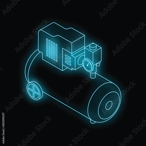 Glowing neon blue air compressor on a black background, representing industrial power and compressed air technology