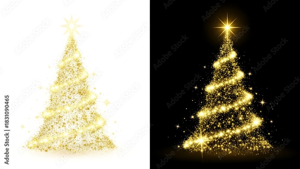 Obraz premium Glowing golden Christmas tree with scattered stars, displayed in a split-screen light and dark layout