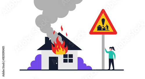 Concerning scene of a house engulfed in flames and smoke with a woman standing next to a prominent fire hazard warning sign nearby.