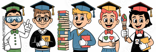 Diverse group of smiling young students celebrating school graduation and academic achievement, showcasing different career fields like science, art, and literature, holding books and supplies in a br