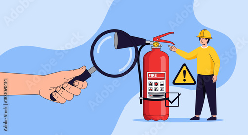 Safety inspector in a hard hat explains the features of a fire extinguisher being closely examined by a magnifying glass for inspection.