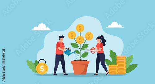 Man and woman nurturing a money tree by watering and pruning it to harvest golden dollar coins, symbolizing financial growth and investment.