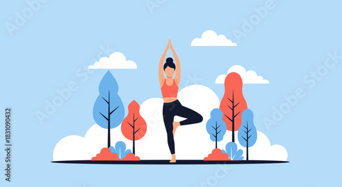 Tranquil woman practicing the tree pose yoga position outdoors in a serene park, surrounded by colorful trees and fluffy white clouds.