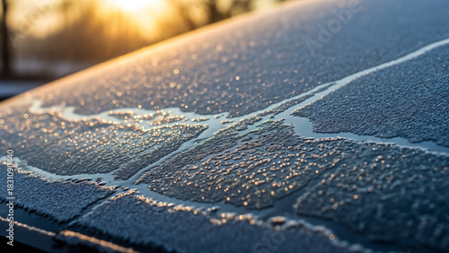Frosty car windshield defrosting in sunlight, symbol of winter's thaw
