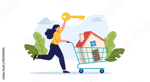 Joyful woman celebrating homeownership by running with a shopping cart that holds a new house while triumphantly raising a large golden key.
