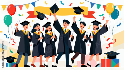 This colorful illustration shows joyful graduates in gowns and caps raising their diplomas and caps, surrounded by balloons and confetti, celebrating their graduation on a campus backdrop.
