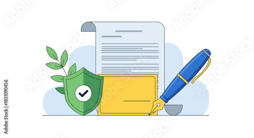 Secure legal document accompanied by a green shield with a checkmark, a classic fountain pen, and a folder symbolizing a signed agreement.