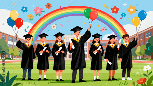 This colorful illustration shows joyful graduates in gowns and caps raising their diplomas and caps, surrounded by balloons and confetti, celebrating their graduation on a campus backdrop.