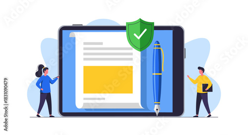 Professional man and woman collaborating on a secure digital contract displayed on a large tablet, featuring a shield icon and fountain pen.