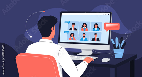 Businessman participating in a virtual meeting from his desk, viewing multiple colleagues on a computer screen during a video conference call.