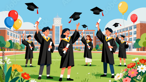 This colorful illustration shows joyful graduates in gowns and caps raising their diplomas and caps, surrounded by balloons and confetti, celebrating their graduation on a campus backdrop.