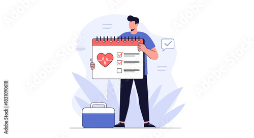 Healthy man proudly holding a large health check-up schedule with a completed checklist, standing next to his personal first aid kit.