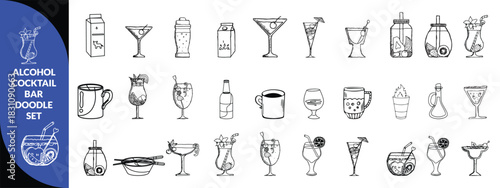 Alcohol cocktail bar doodle set, vector hand drawn beverages party illustration, champagne glasses. Waiter arm with tray, bartender preparing drinks, gin bottle menu line icon. Cocktail big  set .