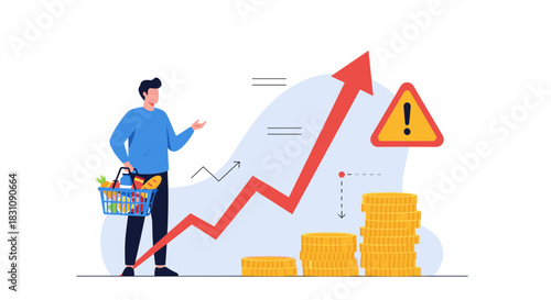 Concerned shopper holding a grocery basket looks at a rising graph indicating inflation, with a warning sign and increasing stacks of coins.