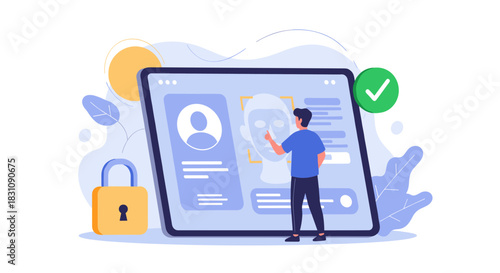 Man completing a successful facial recognition identity verification on a large tablet, with a padlock and check mark indicating security.