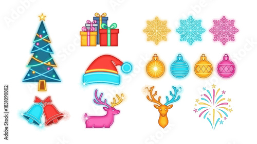 Festive Christmas Elements: A collection of meticulously designed Christmas elements, featuring a decorated tree, gift boxes, ornaments, a Santa hat, bells, reindeer, and fireworks.