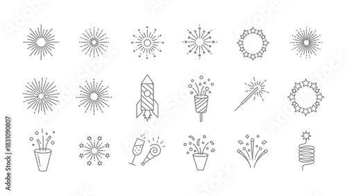 Sparkling Celebration Symbols: A collection of various festive icons, including fireworks, starbursts, and celebratory elements, perfect for conveying joy and festive spirit.