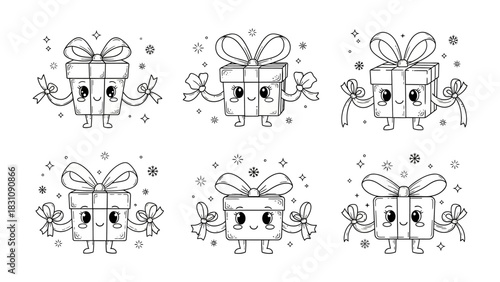 Gift Boxes with Cartoon Face: A collection of charming gift boxes, each with a cute cartoon face, adorned with elegant bows and ribbons, ready to bring joy.