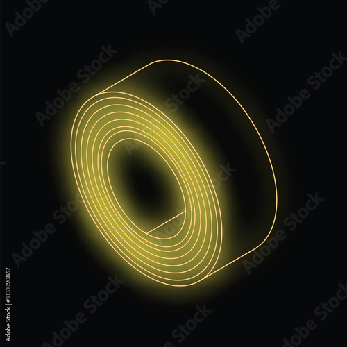 Glowing neon yellow adhesive tape roll on a black background, representing fixing, packaging, or diy concepts