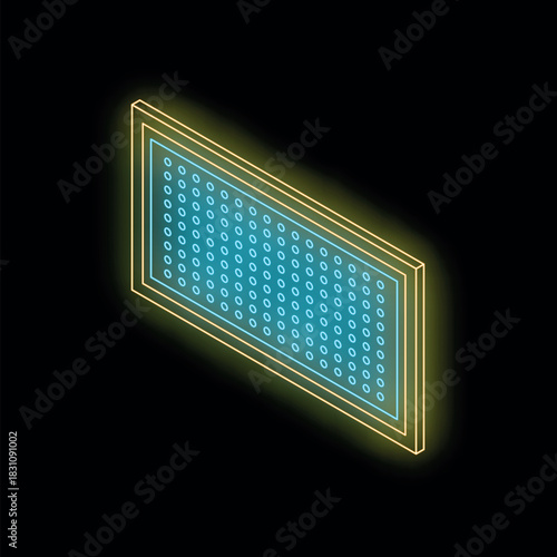 Glowing neon frame displaying binary code in an isometric perspective, creating a futuristic technological representation