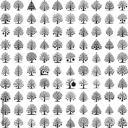 Tree with assorted Christmas ornaments silhouette isolated on white background