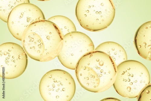 Golden spheres with suspended air bubbles on a green background, crafted for luxury wellness branding, natural product ads, and premium abstract compositions