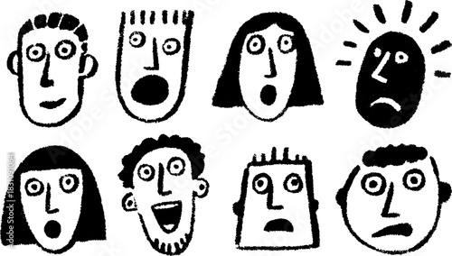 Set of cartoon faces showcasing various expressions: happy, sad, surprised, scared, and angry. Black and white vector illustration.