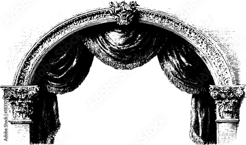 Ornate arch with curtain and columns in classic vintage style. Victorian theater drapery and decoration, vector illustration.