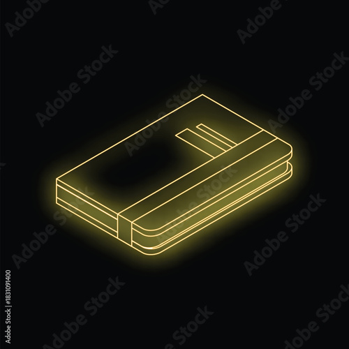 Glowing neon yellow closed book with elastic band isolated on black background, isometric view